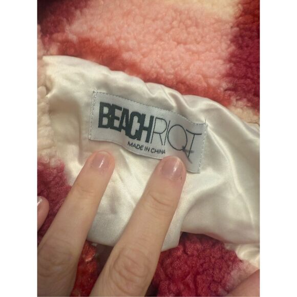 Beach Riot Red Pink Checkered Teddy Faux Sherpa Laurie Coat Jacket Size Medium - Picture 4 of 6